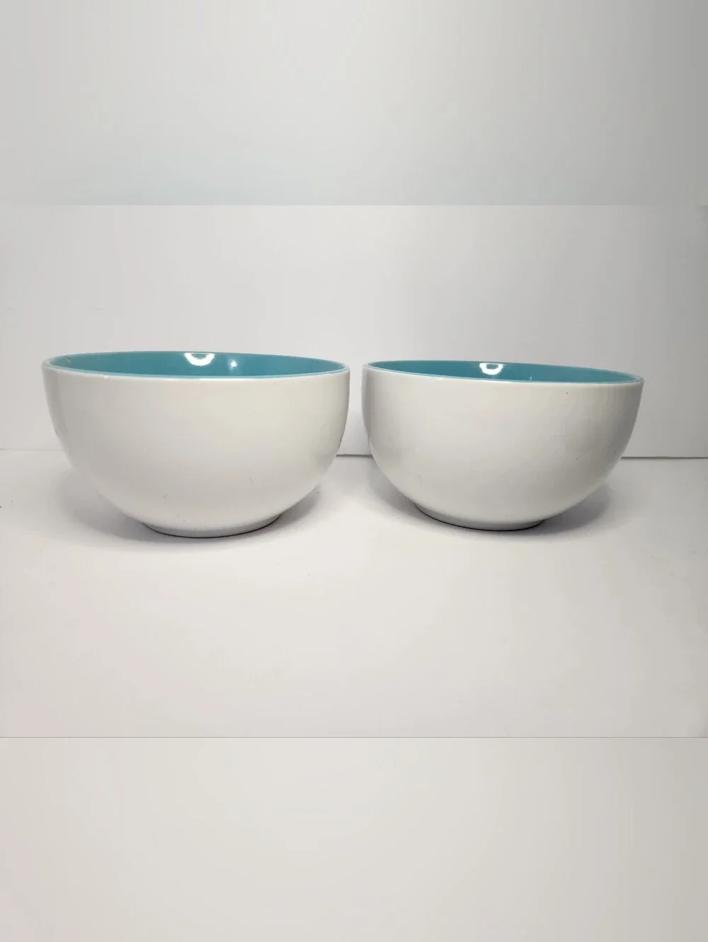 Coastal Ceramic Bowl Pair in White with Blue Interior